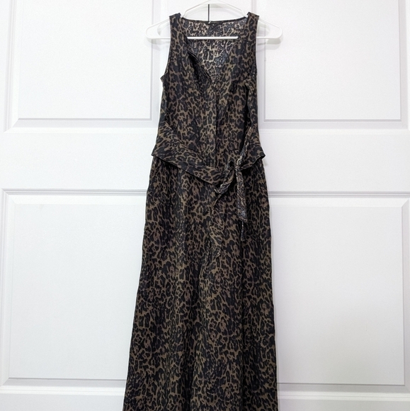 Banana Republic Jumpsuit Romper Women's 0 Leopard Linen Blend Button Up Tie - Picture 1 of 6